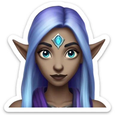 night elf female whom world of warcraft with white sclera eyes without pupil, purple skin, blue long hair, long eyebrows and ears sticker