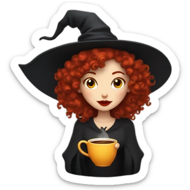 a witch with red lips, red curly hair to the shoulders reading and drinking coffee sticker