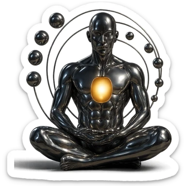 Add a glowing aura around the meditating chrome figure with an open chest and spiraling spheres, keep the style highly polished and metallic, no background. sticker