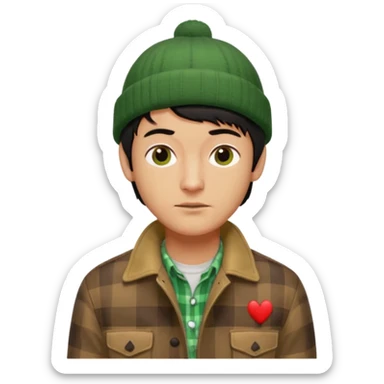young man with longish black Beatle haircut, tan complexion, green beenie hat, tan jacket, checked shirt , pork chop sideburns sticker