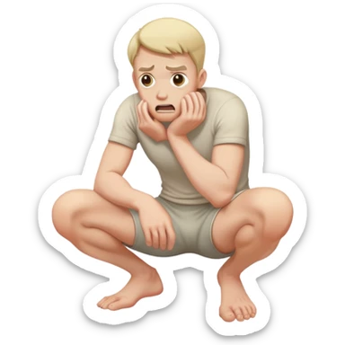 frightened man  crouching down in fear holding knees sticker
