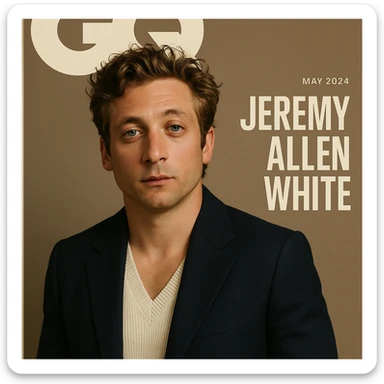 GQ Magazine cover featuring Jeremy Allen White, stylish, modern, magazine layout, bold typography, fashion-forward, elegant color palette sticker