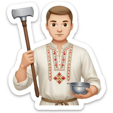 Ukrainian man wearing traditional white embroidered shirt (vyshyvanka) holding a hammer in one hand and a kitchen ladle in the other hand sticker