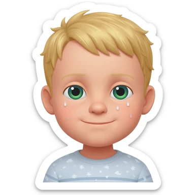 3 year old blonde boy with green-blueish eyes waking up from bed sticker