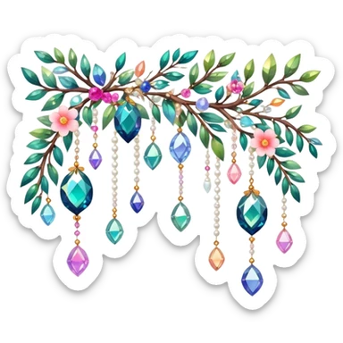 Exotic colorful romantic Few cute tiny Iridescent glistening glossy sparkly shiny glittery hanging crystals pearls and beads and gemstones scenery scenic decorations with branches and flowers sticker