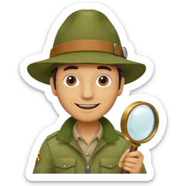  man in beige moss green explorer outfit, hat, holding magnifying glass, smile sticker