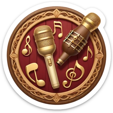 Create a warm and authentic humanless emoji representing folk singing. The design should feature a traditional folk microphone at the center, surrounded by classic instruments such as a bayan (button accordion), gusli (a traditional Russian zither), and a tambourine. Arrange these instruments in a harmonious, circular pattern to evoke a sense of folk music and community performance. Use natural, earthy colors like wood brown, deep red, and golden accents to reflect the rustic and heartfelt spirit of folk music. Add subtle musical notes to the background to convey the rhythm and harmony of the performance. The background should be transparent. sticker