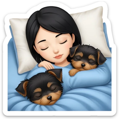 pretty asian girl with black hair sleeping in bed with small yorkshire terrier sticker