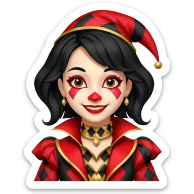 Jester girl, black and red suit, black hair, harley quinn sticker