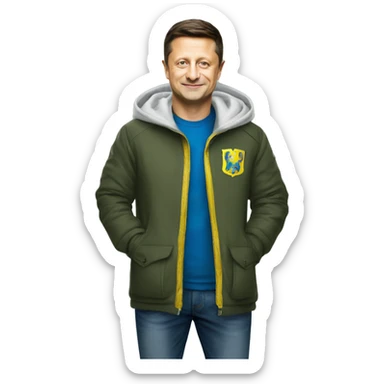 President Volodymyr Zelenskyy in haki tshirt with ukrainian coat of arms sticker