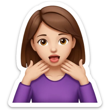 Brown hair girl with brown eyes grabbing her neck with her hands sticking out her tounge sticker