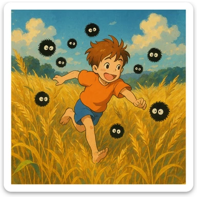 A child running through a golden wheat field, chased by playful dust spirits. sticker