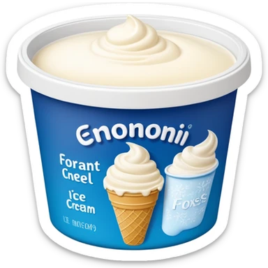 A creamy ice cream tub with a minimalist printed label showing flavor name and brand logo, sitting inside a store freezer. The lid and sides of the container have small frost crystals and condensation. Realistic photography style with soft lighting and a cool-toned background. sticker