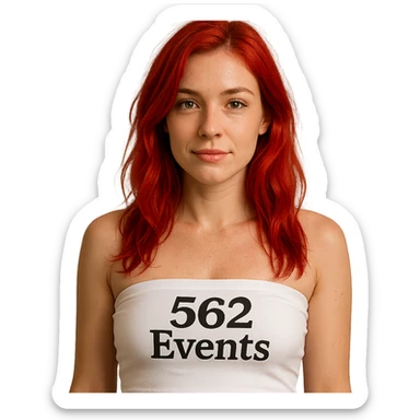 realistic woman with vibrant red hair, white tube top that says '562 Events' sticker