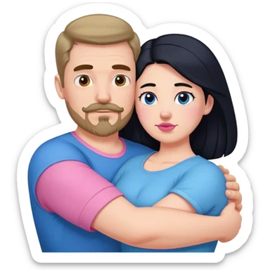 Tall strong white man with brown mustache goatee wearing blue hugging a chubby short pale woman with long black hair wearing pink sticker