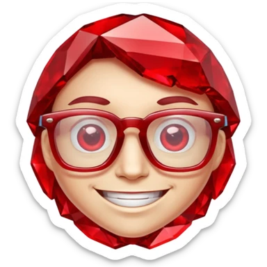 A single red crystal gemstone character wearing glasses, chunky and irregular with faceted very sharp sides, smile, , high detail, sticker