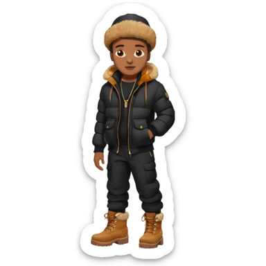 Handsome Black guy with brown skin tone, wear black joggers, a black bubble coat with a fur brim on the hood, and buckwheat timberland boots sticker