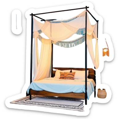 cozy boho bedroom with canopy bed, macramé wall hangings, and warm lighting sticker