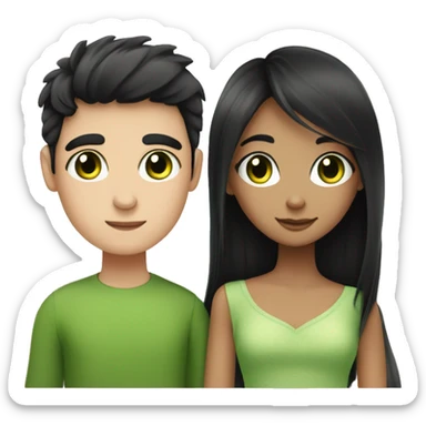 Create an emoji of a black-haired girl with super long eyelashes and a cute boy with green eyes, loving each other sticker
