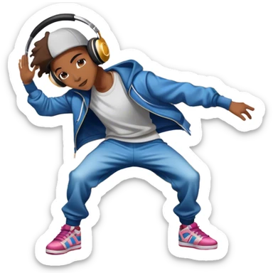 Icon for Street Dance: a dancer in urban streetwear performing a dynamic lower breakdance move, with a spray-painted background, headphones, and a boombox on the asphalt. The icon should capture the energy, style, and creativity of street dance culture. Transparent background. sticker