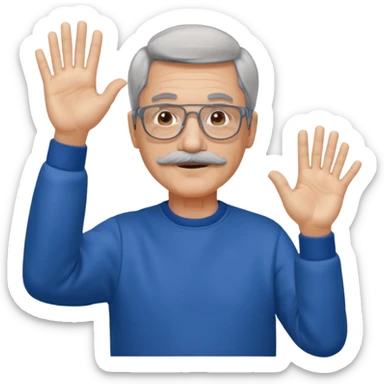 60 yr man partial gray hair parted in center, mustache, light glasses, sweatshirt waving hello sticker