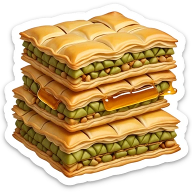 Cinematic Realistic Baklava Dessert Emoji, depicted as layers of flaky pastry with honey and nuts rendered with rich textures and warm, inviting lighting. sticker