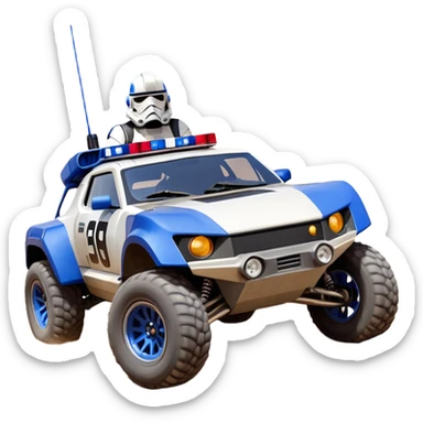Star Wars’s Range trooper’s police evil darkly night blue Dirty and dented Local Motors Rally Fighter off road race car hot rod meets 2013 scion fr-s trophy truck-style basher flying down a dusty road catching everything (silver wheels) sticker