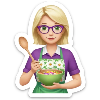 middle aged woman with shoulder length blonde hair, purple glasses, green eyes, wearing a flower apron, holding a bowl in one hand and a mixing spoon in the other sticker