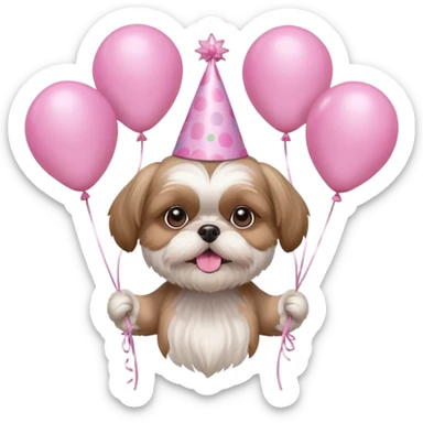 cute shih tzu hold a few cute pink balloons  with pink birthday hat sticker