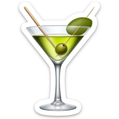 martini glass with completely colorless transparent liquid like pure water, with a green olive at the bottom skewered by a toothpick sticker