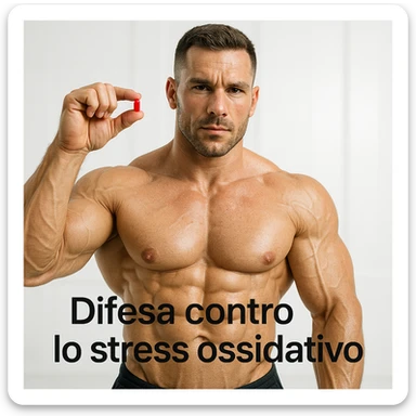 hyper realistic bodybuilder holding a red astaxanthin capsule, well visible muscles, white background, text 'Difesa contro lo stress ossidativo', clinical atmosphere sticker