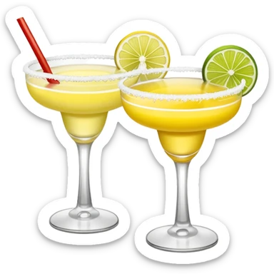 2 margarita cocktails. one is the classic margarita: yellowy with salt on the rim and a lemon. the other one is a spicy margarita: slightly more red color with a small red chili pepper instead of a lemon on the rim  sticker