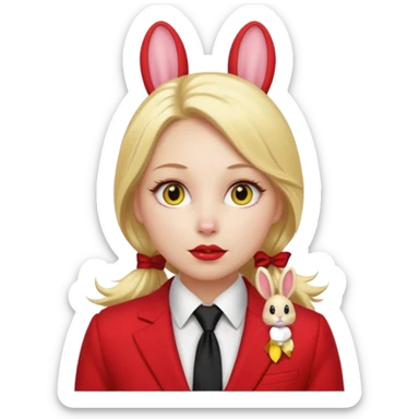 Woman with porcelain white skin, thick blonde hair that's in a thick, long ponytail, has the nose of a bunny, yellow scleras, red pupils, and a red suit with a black tie. sticker