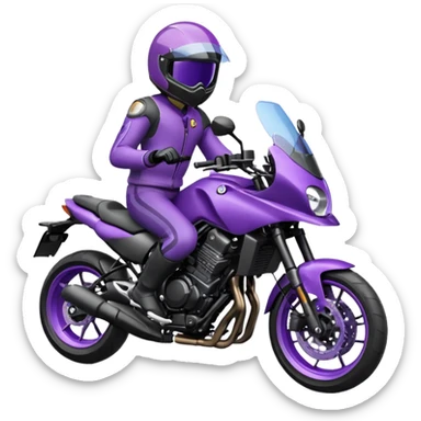 Créer un emoji copiable sur mon système iOS avec une moto mt07 noir mate / violet plus foncé que tu as et iridescent. le style de la mt07 doit être en sport. Avec pilote dessus visière violet bulle de la moto violet aussi. sticker