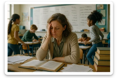 photograph of exhausted teacher in a bustling classroom sticker