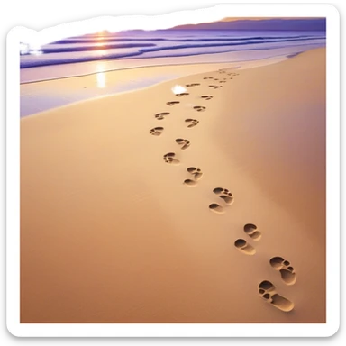 A quiet beach at sunset. Two sets of footprints—one small, the other larger, leading forward. As they continue, the small steps merge into the larger ones, until only one set remains, past and present walking as one. sticker