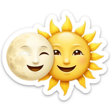 a really bright  big sun and a small moon who shines because of it. the sun is bigger and the tiny \moon bright too beside it smiling looking at each other sticker