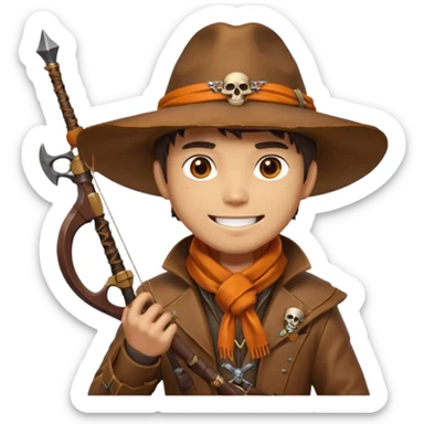male human monster hunter emoji, wearing brown leather coat and wide hat, holding crossbow, with amulet shaped like skull, Halloween fantasy theme, confident smile, orange scarf, Apple emoji style, clean white background, square image sticker