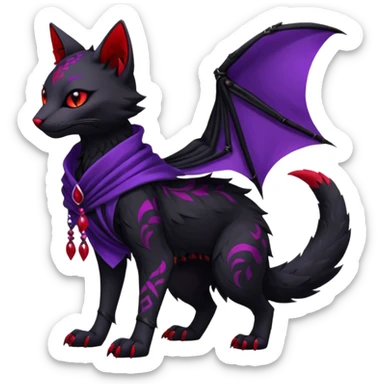 Kawaii feral, four-legged gothic dark badass black, red, purple, beautiful pretty elegant divine edgy feline-vernid-sergal-Trico-fursona-animal-creature, full body, with intricate detailed markings, silken shawl sticker