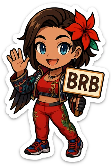 Azucena from Tekken 8 in chibi sticker style, holding a sign that says 'BRB', waving, wearing the detailed red and patterned outfit from the reference images, designed for Twitch emote use. sticker
