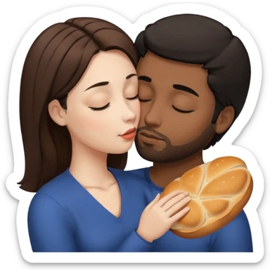 White woman with brown hair with eyes closed kissing forehead of brown man with black hair and a bread with eyes also closed sticker