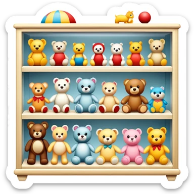 Icon for Toy Collecting: a collection of various vintage toys such as dolls, action figures and plush animals, displayed neatly on shelves or in display cases. The icon should evoke the joy and nostalgia of collecting toys. Transparent background. sticker