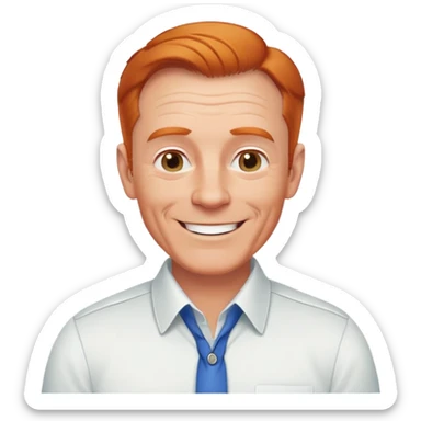 smiling older white man, fit physique, receding ginger hair, approachable and professional look, cheerful and friendly face, wearing a collared shirt sticker