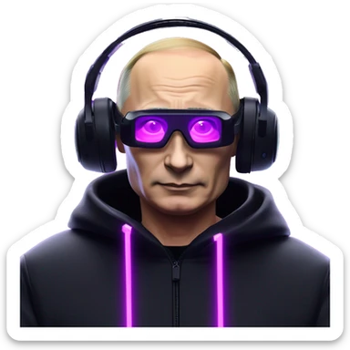 Vladimir Putin wearing a black hoodie with "OMG" letters on it and VR headset oculus quest 2 in a cyberpunk VR environment with violet neon lighting. sticker