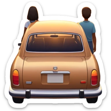 A parked car sits quietly on the side of an open road, facing a breathtaking sunset. Two people stand outside, backs turned, watching the horizon. The road stretches endlessly ahead, surrounded by a peaceful, glowing landscape full of light, warmth, and possibilit sticker