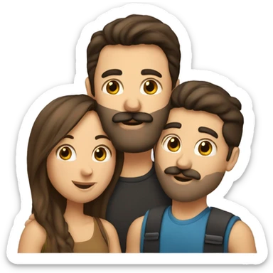 happy couple sharing a kiss. Man has dark hair with a mustache and beard. Woman has brown hair sticker