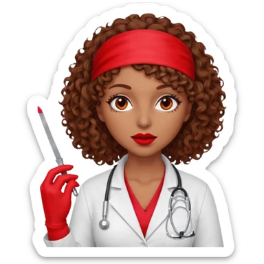 Lilith scalpel in hand, evil surgeon sexy surgeon clothes.  She has red eyes.Her  brown curly hair. Wears sexy doctor outfit with red gloves. Hides mouth necknose with red bandana to hide her identity. Hair is long and brown sticker