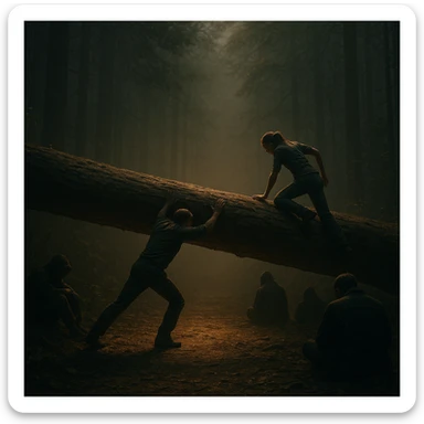 A group in a forest with a huge fallen tree blocking the path. Most people sit or turn away, two try to move or climb the tree. Lighting highlights the two, others in shadow. Conceptual, symbolic, cinematic, hyperrealistic 4K. sticker
