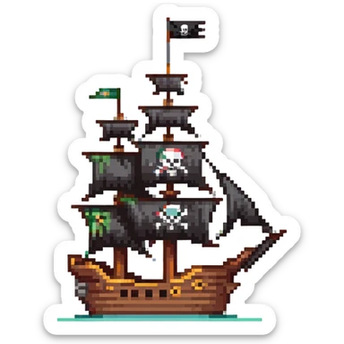 A pirate ship with black sails and flag sticker