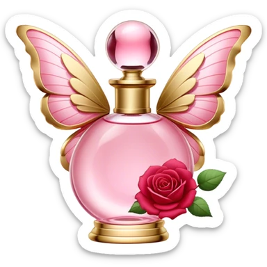 An elegant perfume bottle in Angel Pink with gold accents, surrounded by delicate butterflies with Rose Red and Deep Red wings, gracefully fluttering in a warm, romantic glow. sticker